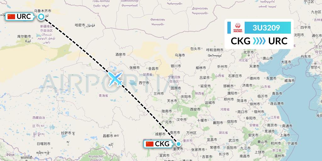 3U3209 Sichuan Airlines Flight Map: Chongqing to Urumqi