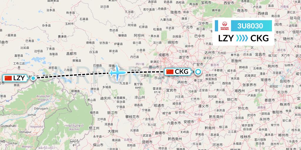 3U8030 Sichuan Airlines Flight Map: Nyingchi to Chongqing
