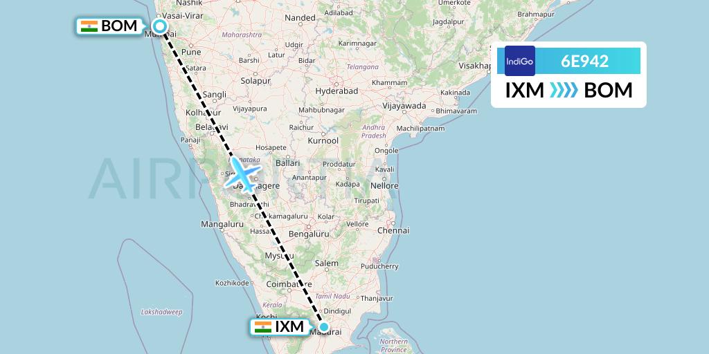 6E942 IndiGo Airlines Flight Map: Madurai to Mumbai