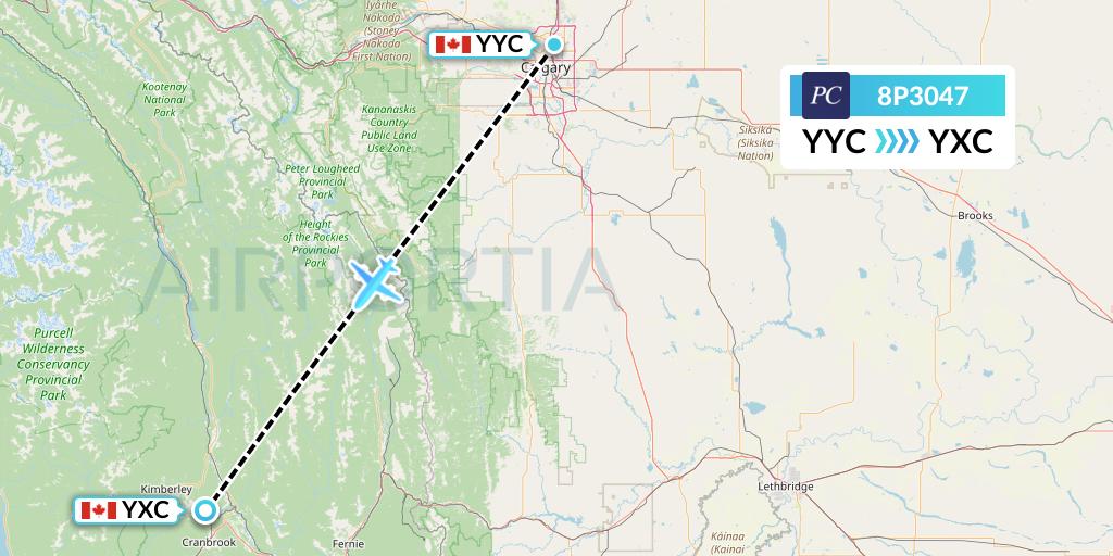 8P3047 Pacific Coastal Airlines Flight Map: Calgary to Cranbrook