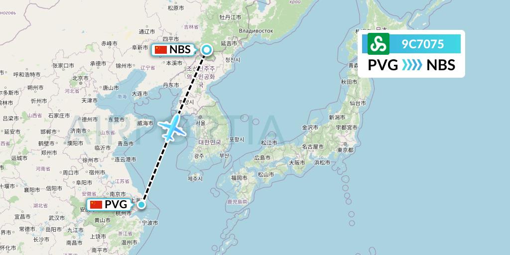 9C7075 Spring Airlines Flight Map: Shanghai to Baishan