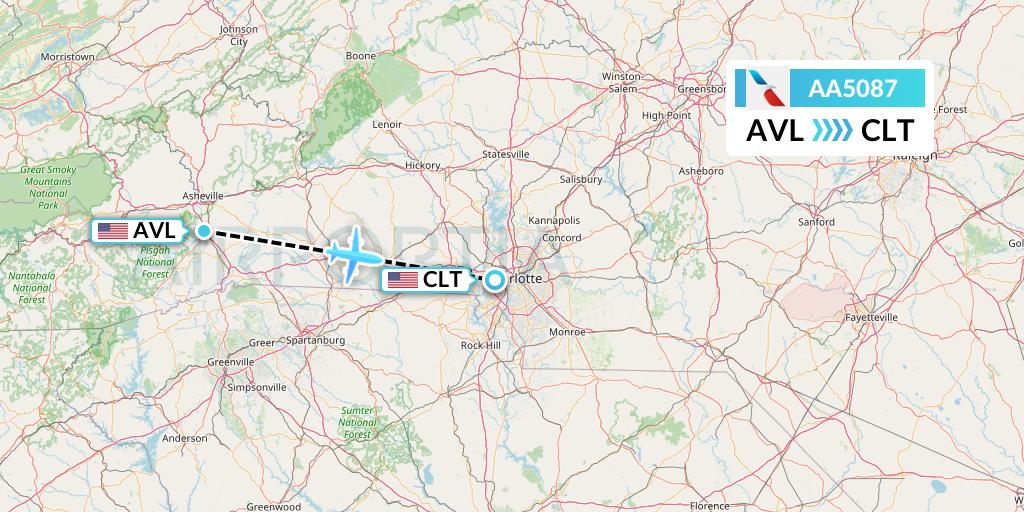 AA5087 American Airlines Flight Map: Asheville to Charlotte
