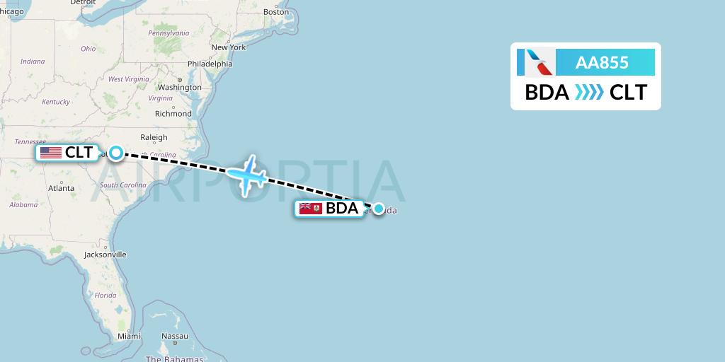 AA855 American Airlines Flight Map: Bermuda to Charlotte