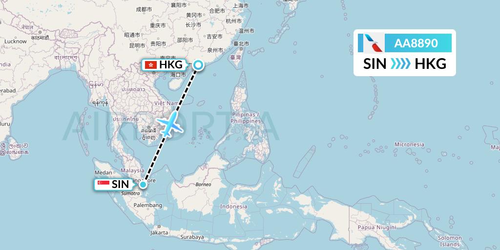 AA8890 American Airlines Flight Map: Singapore to Hong Kong