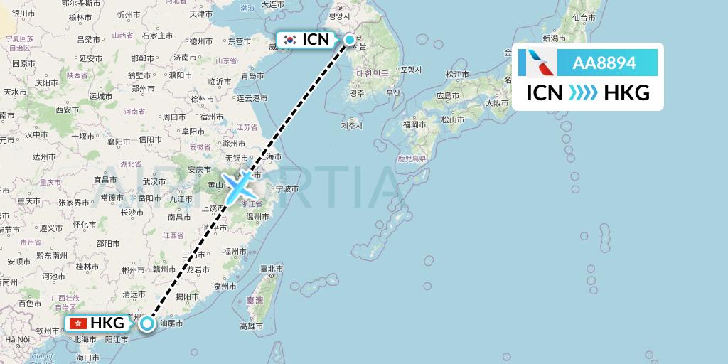 AA8894 American Airlines Flight Map: Seoul to Hong Kong