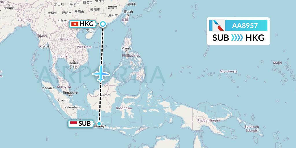 AA8957 American Airlines Flight Map: Surabaya to Hong Kong