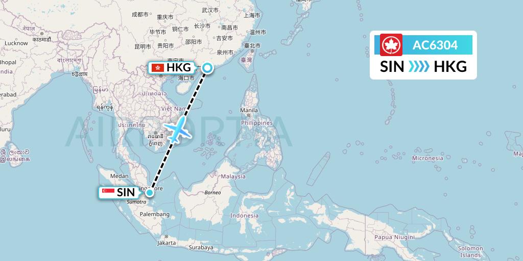 AC6304 Air Canada Flight Map: Singapore to Hong Kong