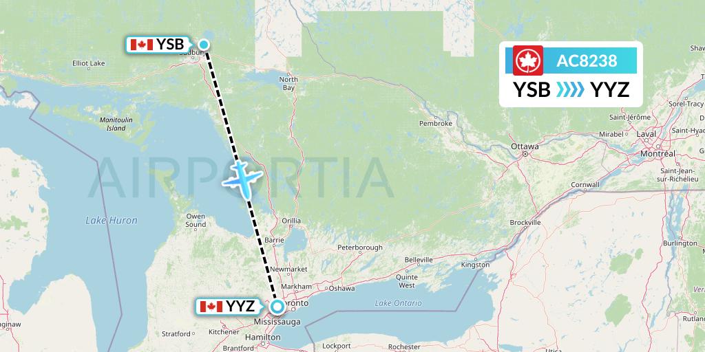 AC8238 Air Canada Flight Map: Sudbury to Toronto