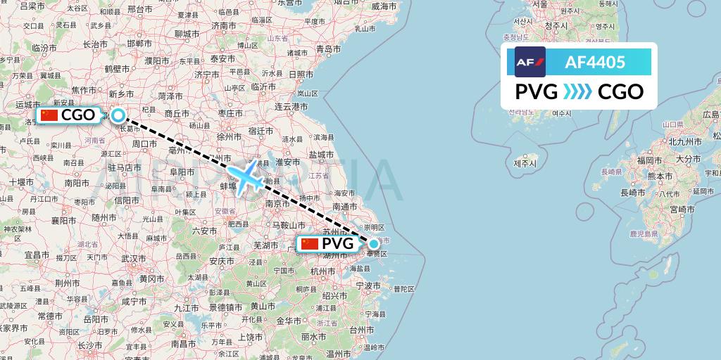 AF4405 Air France Flight Map: Shanghai to Zhengzhou