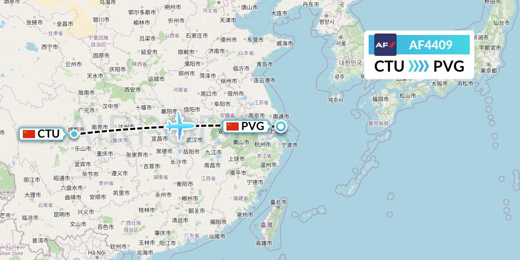 AF4409 Air France Flight Map: Chengdu to Shanghai