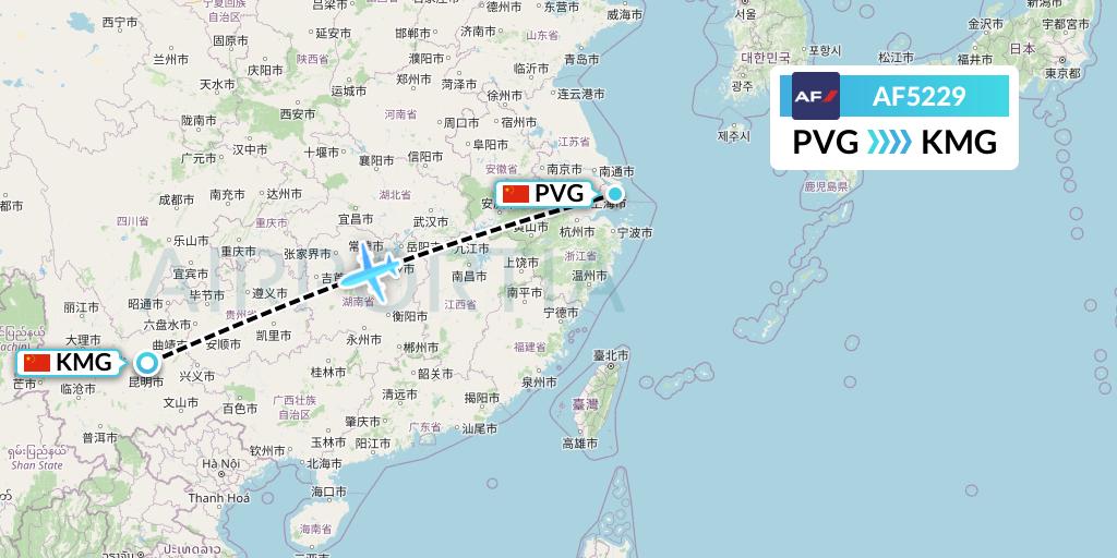 AF5229 Air France Flight Map: Shanghai to Kunming