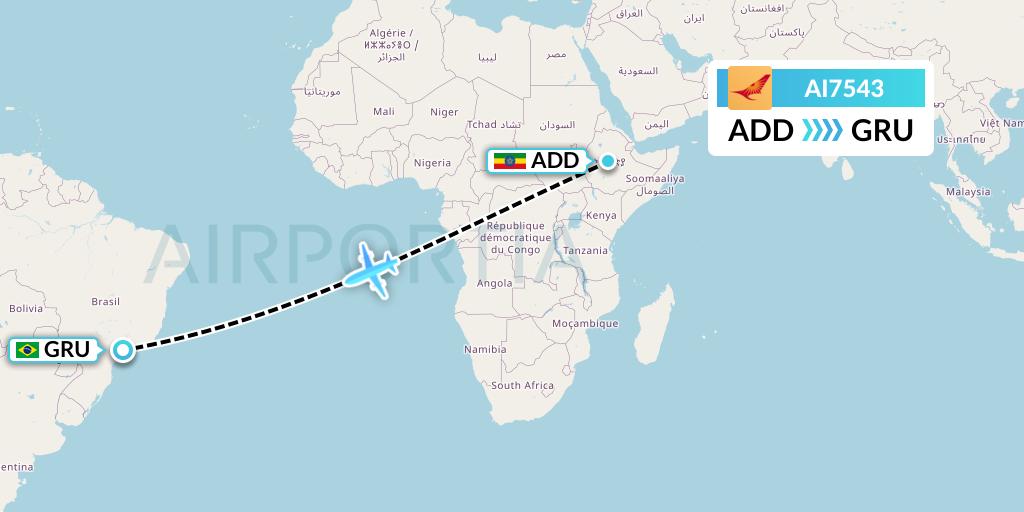 AI7543 Air India Flight Map: Addis Ababa to Sao Paulo
