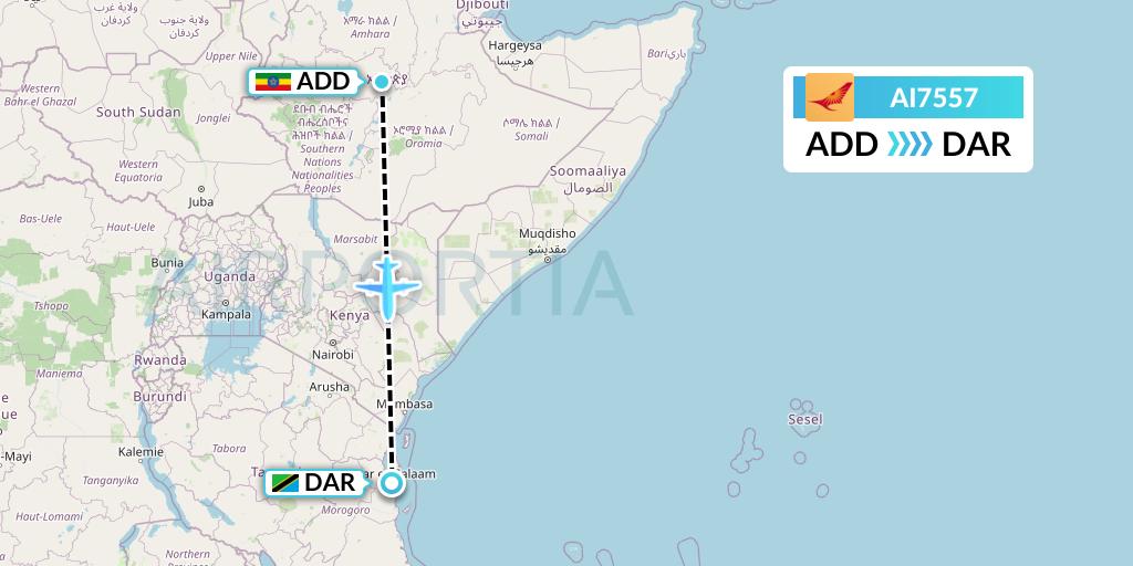 AI7557 Air India Flight Map: Addis Ababa to Dar-es-Salaam