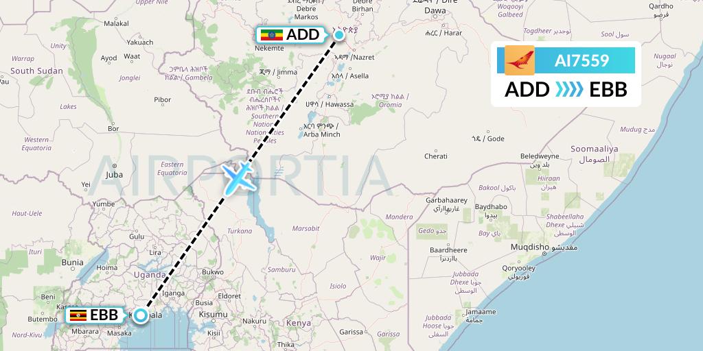 AI7559 Air India Flight Map: Addis Ababa to Entebbe