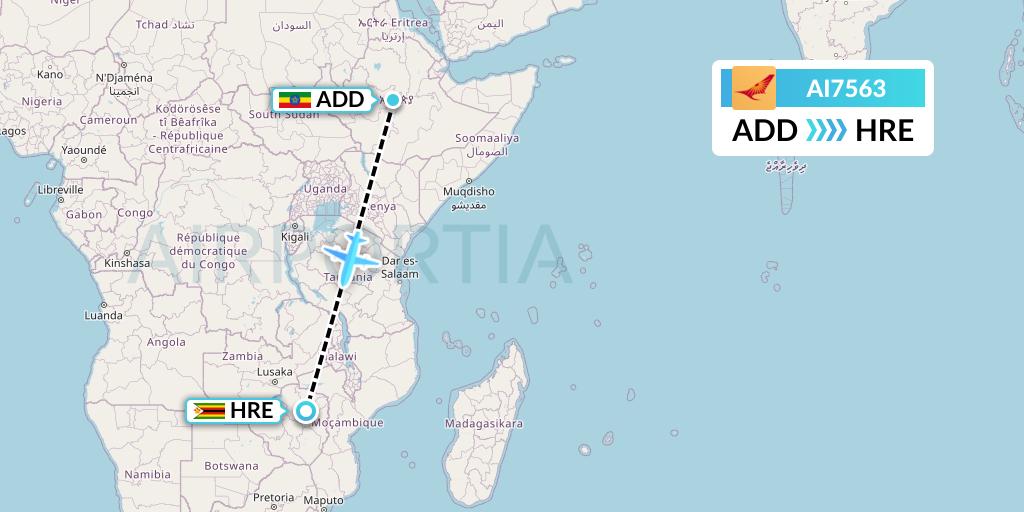 AI7563 Air India Flight Map: Addis Ababa to Harare