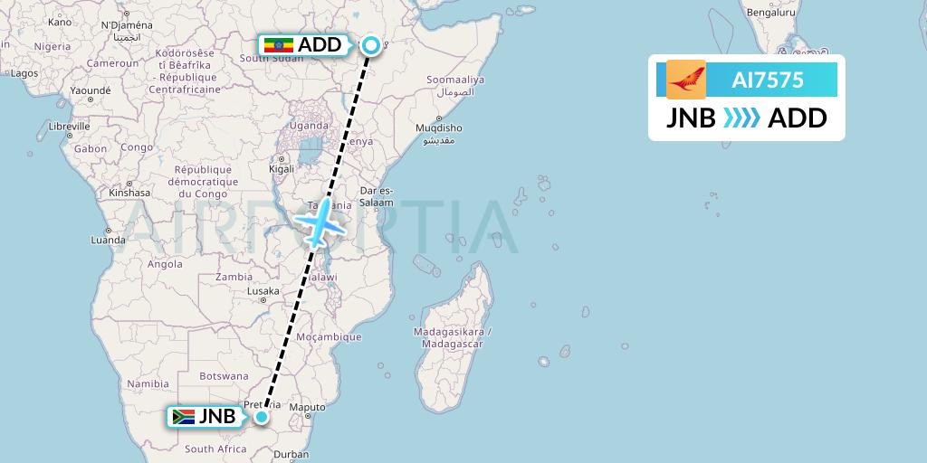 AI7575 Air India Flight Map: Johannesburg to Addis Ababa