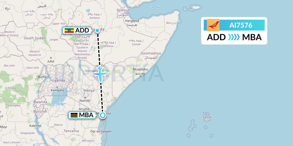AI7576 Air India Flight Map: Addis Ababa to Mombasa