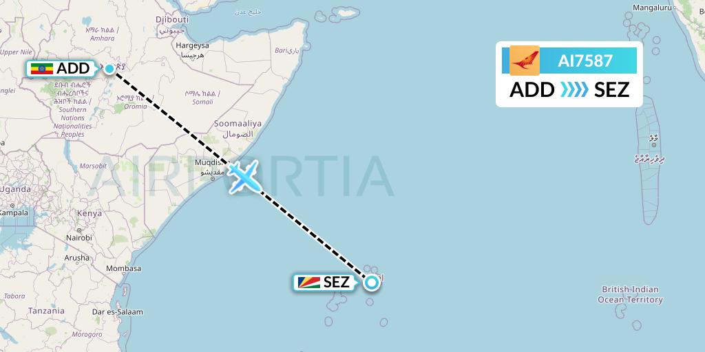 AI7587 Air India Flight Map: Addis Ababa to Victoria