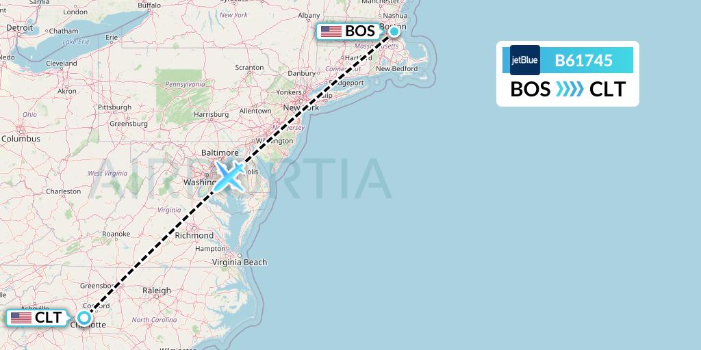 B61745 JetBlue Airways Flight Map: Boston to Charlotte