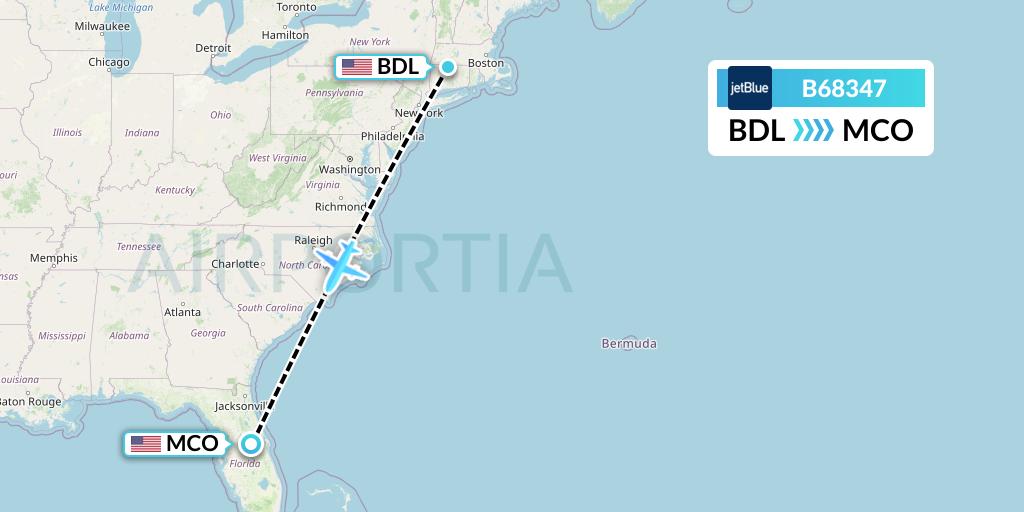 B68347 JetBlue Airways Flight Map: Windsor Locks to Orlando