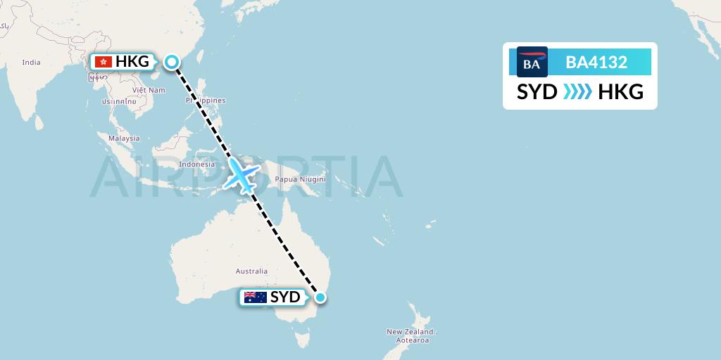 BA4132 British Airways Flight Map: Sydney to Hong Kong