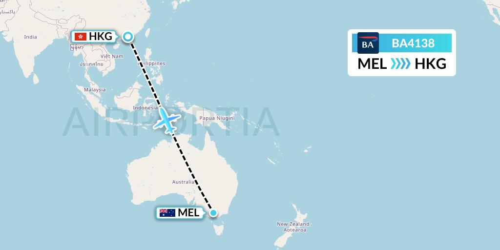 BA4138 British Airways Flight Map: Melbourne to Hong Kong