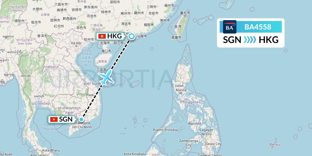 BA4558 British Airways Flight Map: Ho Chi Minh City to Hong Kong