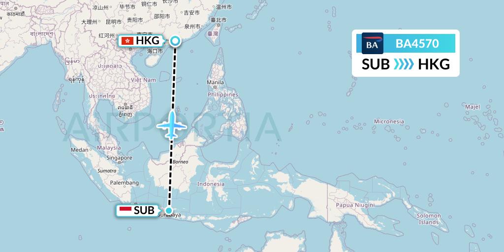 BA4570 British Airways Flight Map: Surabaya to Hong Kong