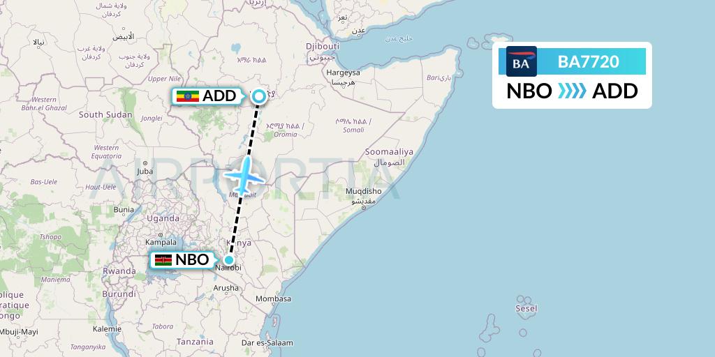 BA7720 British Airways Flight Map: Nairobi to Addis Ababa