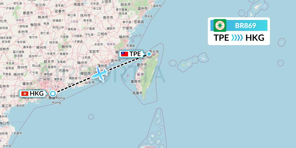 BR869 EVA Air Flight Map: Taipei to Hong Kong