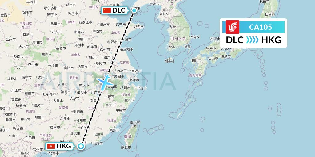 CA105 Air China Flight Map: Dalian to Hong Kong
