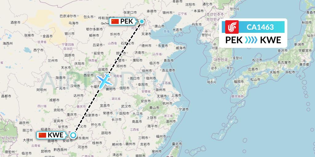 CA1463 Air China Flight Map: Beijing to Guiyang