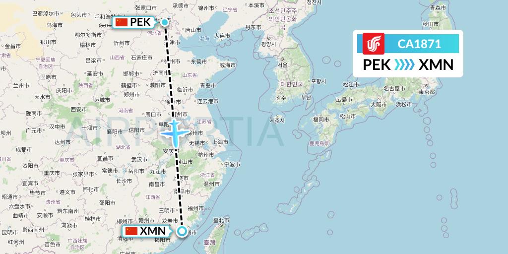 CA1871 Air China Flight Map: Beijing to Xiamen