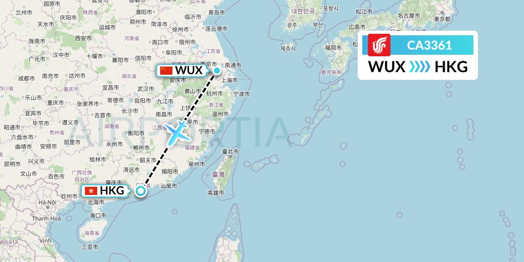 CA3361 Air China Flight Map: Wuxi to Hong Kong