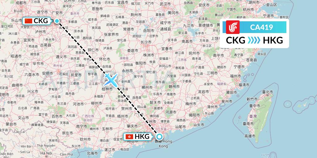 CA419 Air China Flight Map: Chongqing to Hong Kong