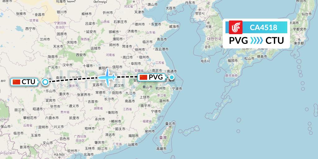 CA4518 Air China Flight Map: Shanghai to Chengdu
