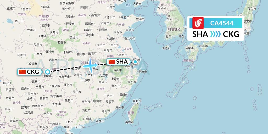 CA4544 Air China Flight Map: Shanghai to Chongqing