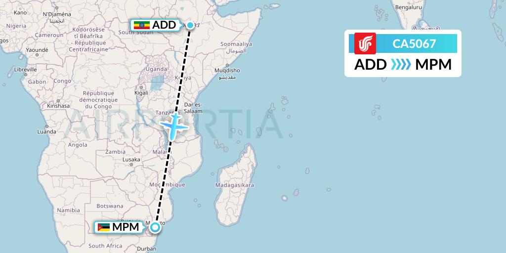 CA5067 Air China Flight Map: Addis Ababa to Maputo