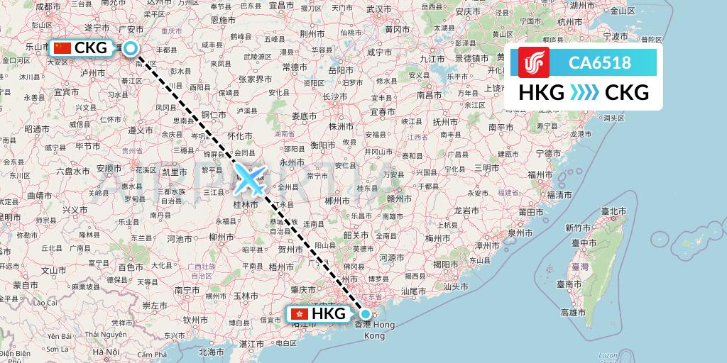CA6518 Air China Flight Map: Hong Kong to Chongqing