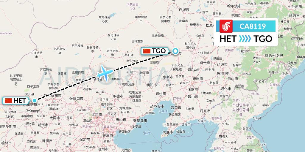 CA8119 Air China Flight Map: Hohhot to Tongliao