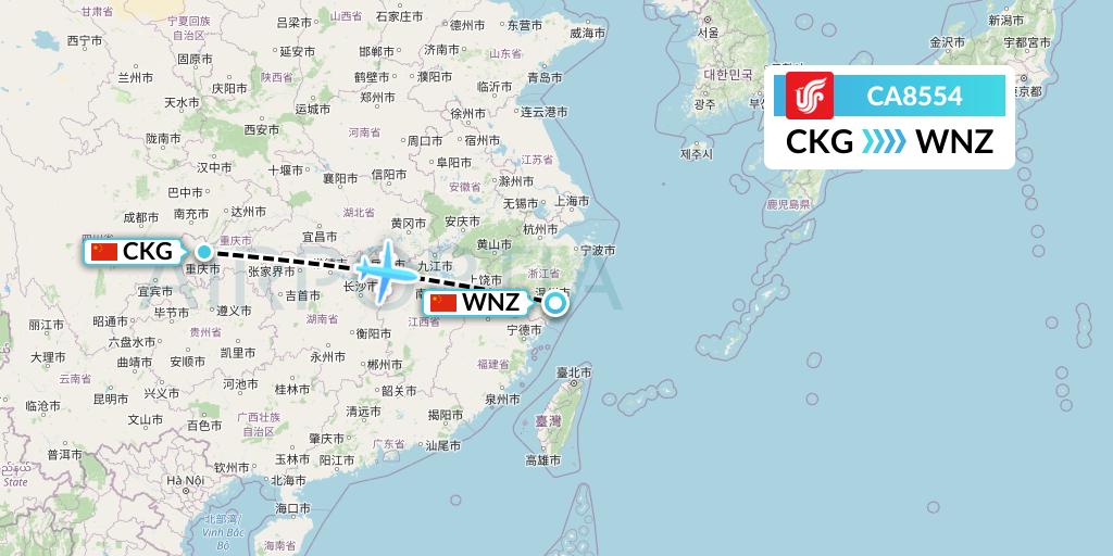 CA8554 Air China Flight Map: Chongqing to Wenzhou