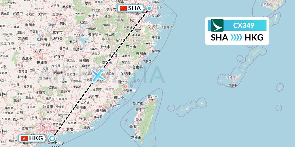 CX349 Cathay Pacific Flight Map: Shanghai to Hong Kong