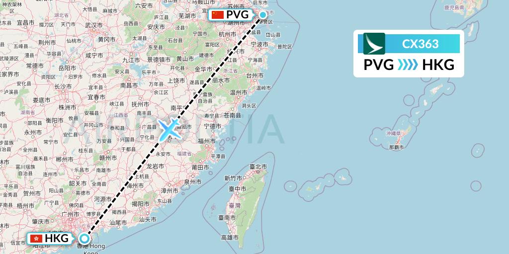 CX363 Cathay Pacific Flight Map: Shanghai to Hong Kong