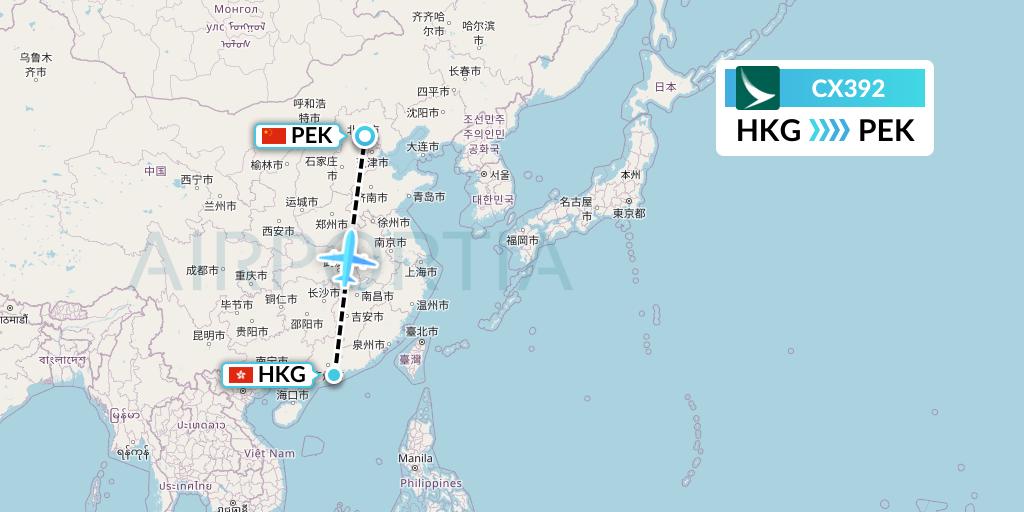 CX392 Cathay Pacific Flight Map: Hong Kong to Beijing