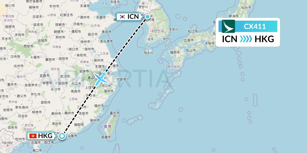 CX411 Cathay Pacific Flight Map: Seoul to Hong Kong