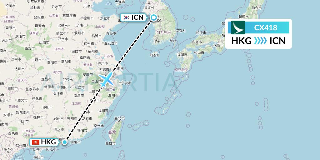 CX418 Cathay Pacific Flight Map: Hong Kong to Seoul