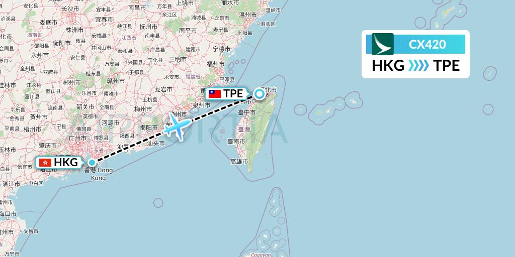 CX420 Cathay Pacific Flight Map: Hong Kong to Taipei