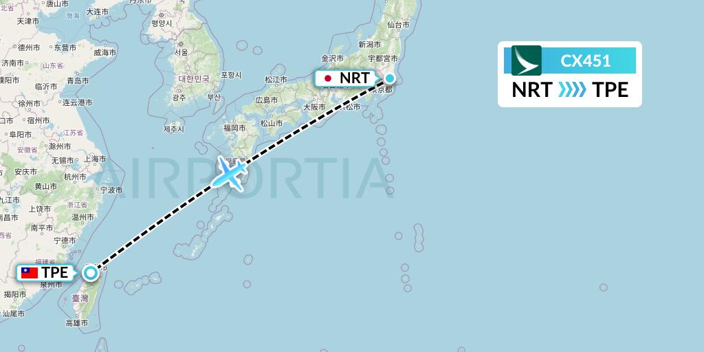 CX451 Cathay Pacific Flight Map: Tokyo to Taipei