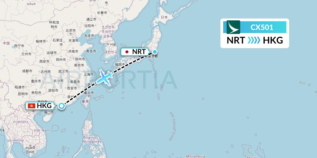 CX501 Cathay Pacific Flight Map: Tokyo to Hong Kong