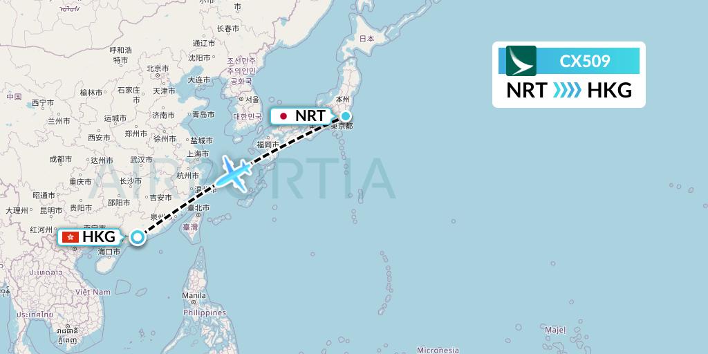 CX509 Cathay Pacific Flight Map: Tokyo to Hong Kong